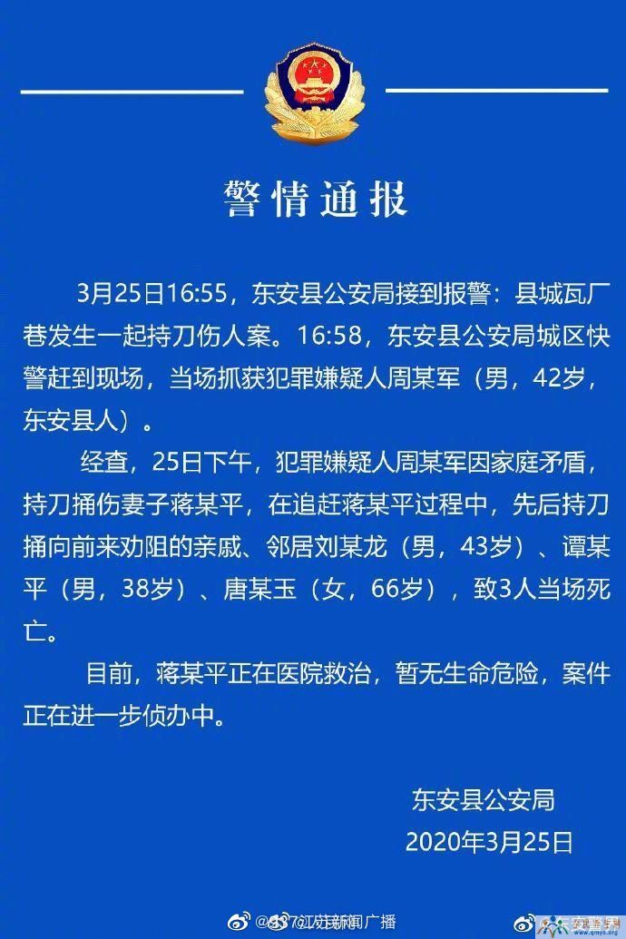 湖南东安杀人案：男子持刀伤妻子 捅死3名亲戚、邻居