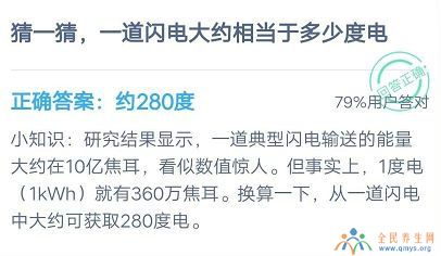 一道闪电大约有多少度电？一道闪电的能量有多少答案