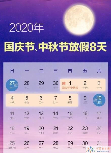 国庆中秋连休8天 2020年国庆节中秋节具体放假时间安排