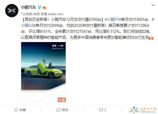 小鹏汽车公布2020销售量：累计交付27041台 同比增112%