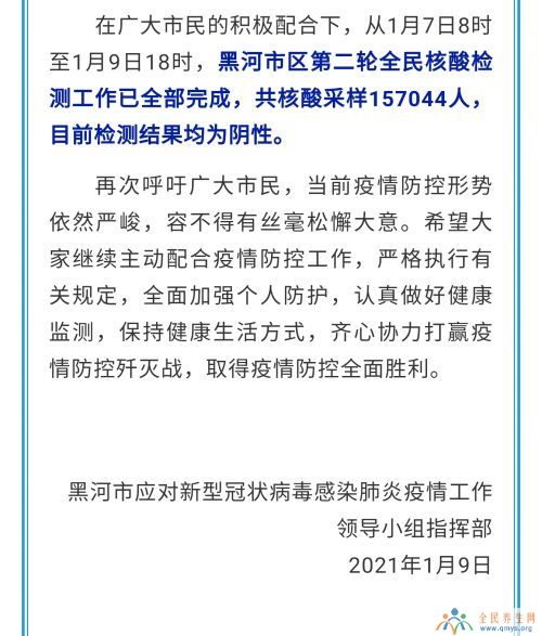 黑龙江黑河市区第二轮全民核酸检测工作已全部完成 均为阴性